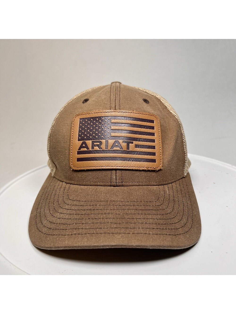 Ariat USA Flag Patch Tan Trucker Hat Mesh Back Adjustable One Size Unisex EUC